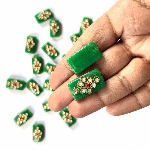 Green Color Rectangle Shape Beads With Kundan Work Pack Of 6